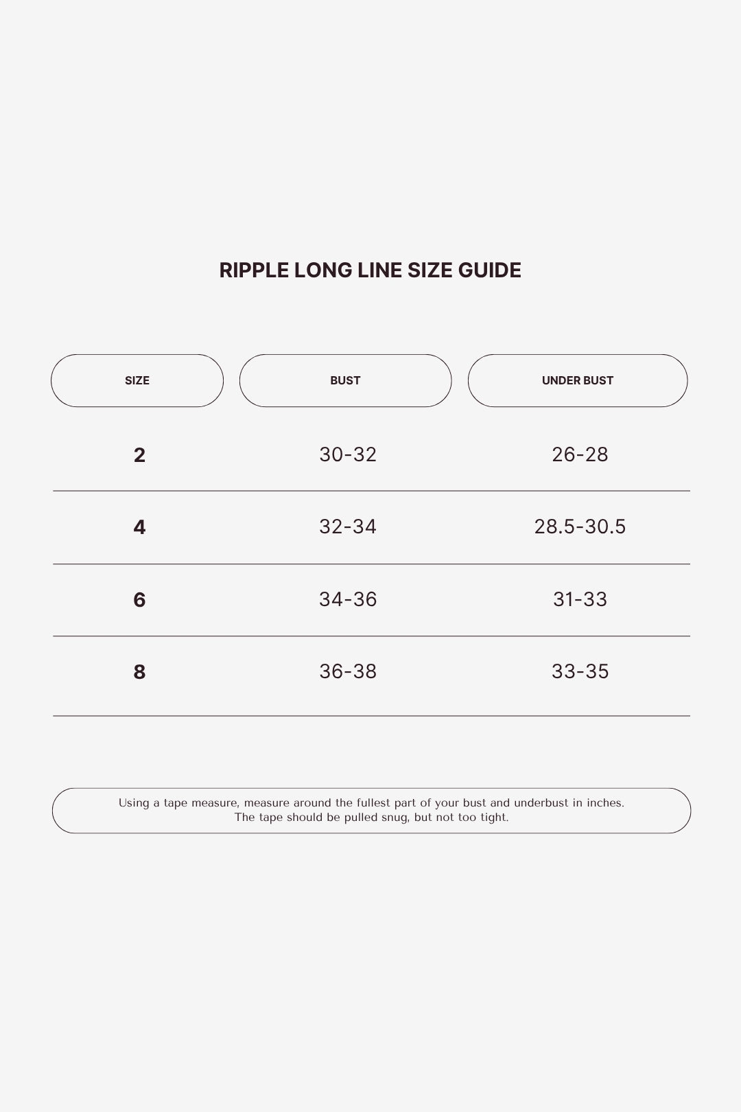 Ripple Long Line Sports Bra size chart