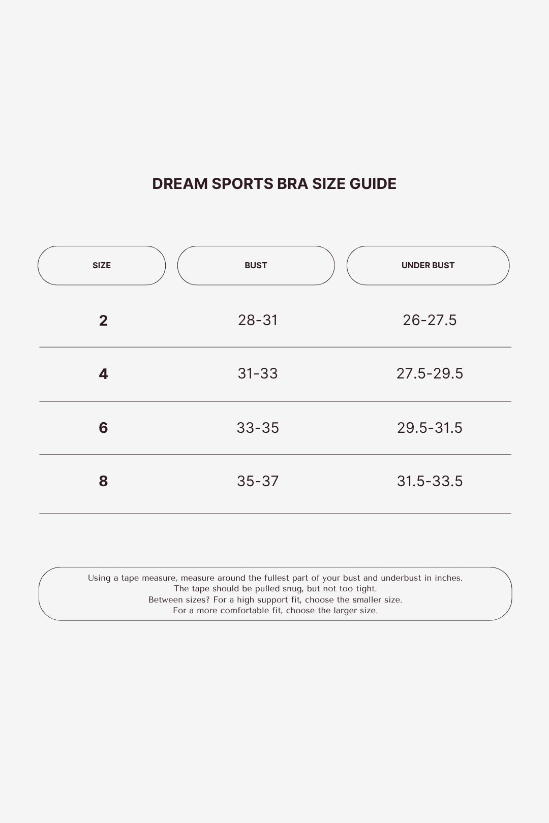 Dream Sports Bra size chart